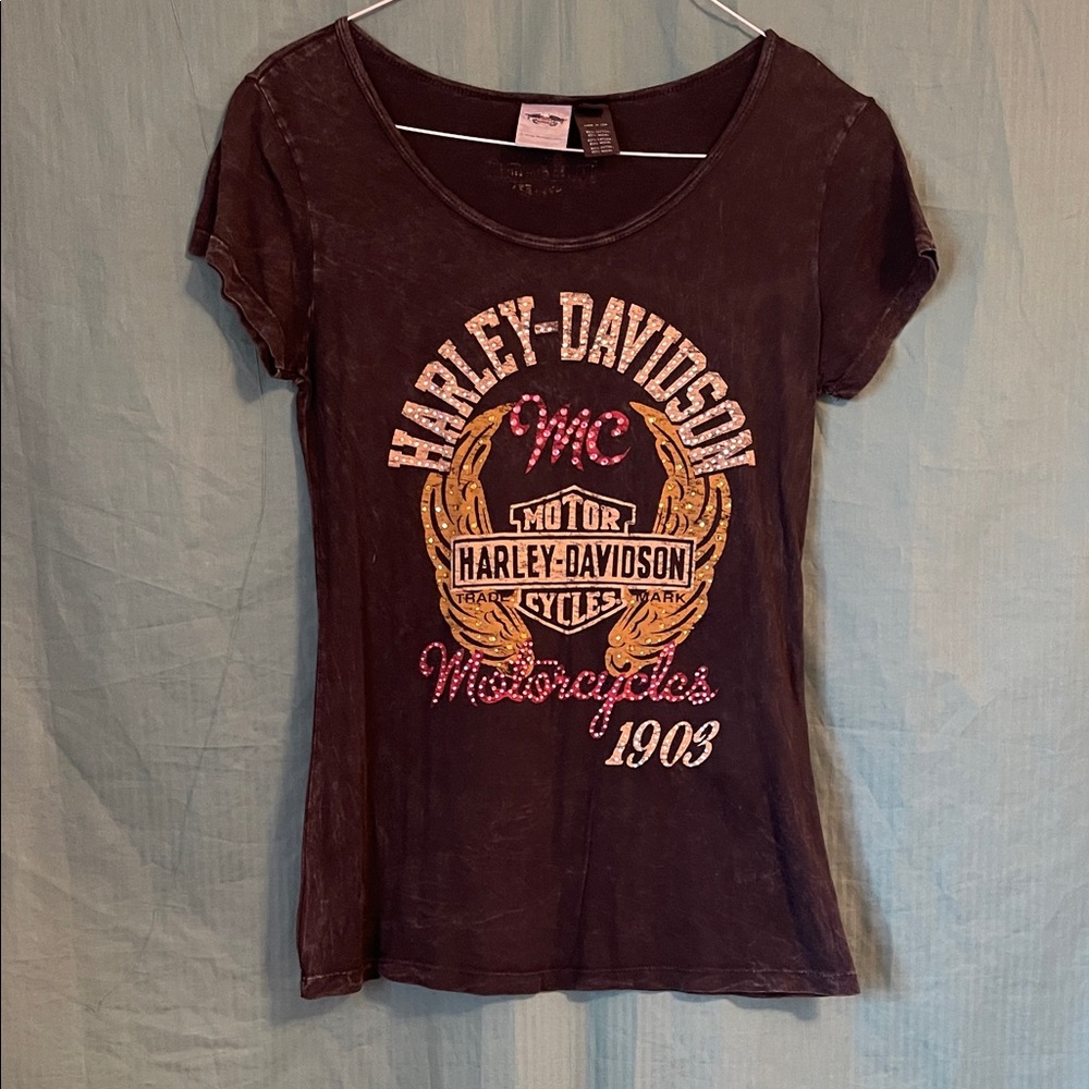 Women’s Harley-Davidson weathered black Tee with Rhinestones and Logo